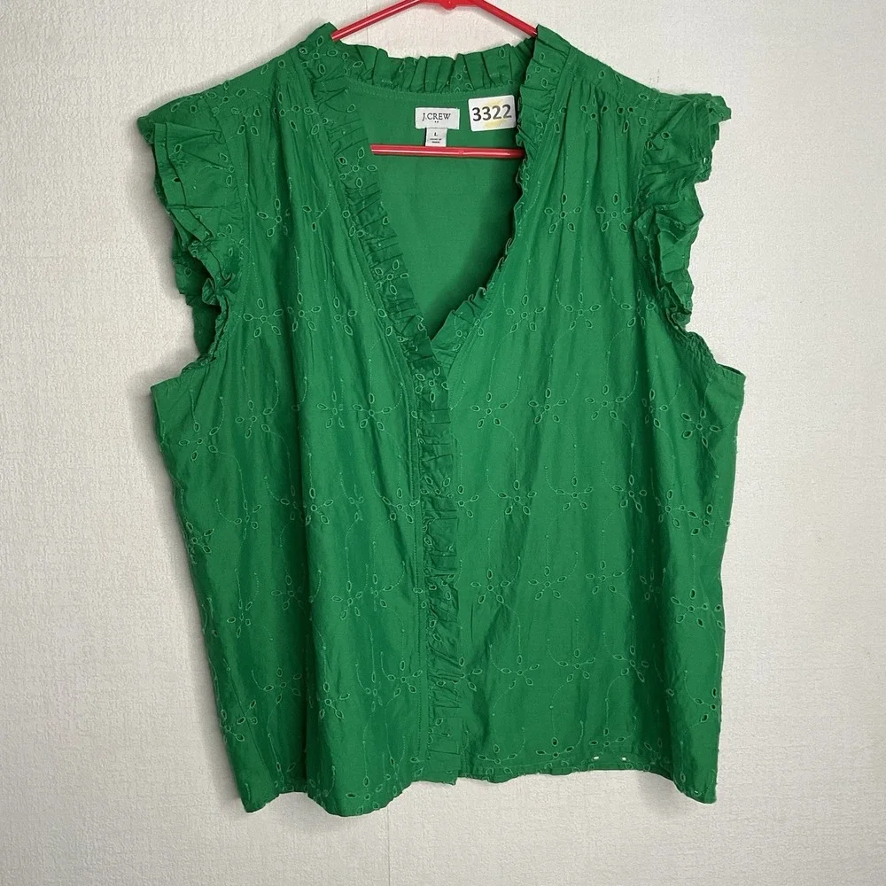 New J.‎ Crew Sleeveless Eyelet Ruffle Top Size L Green Cottage Coastal Minimalis